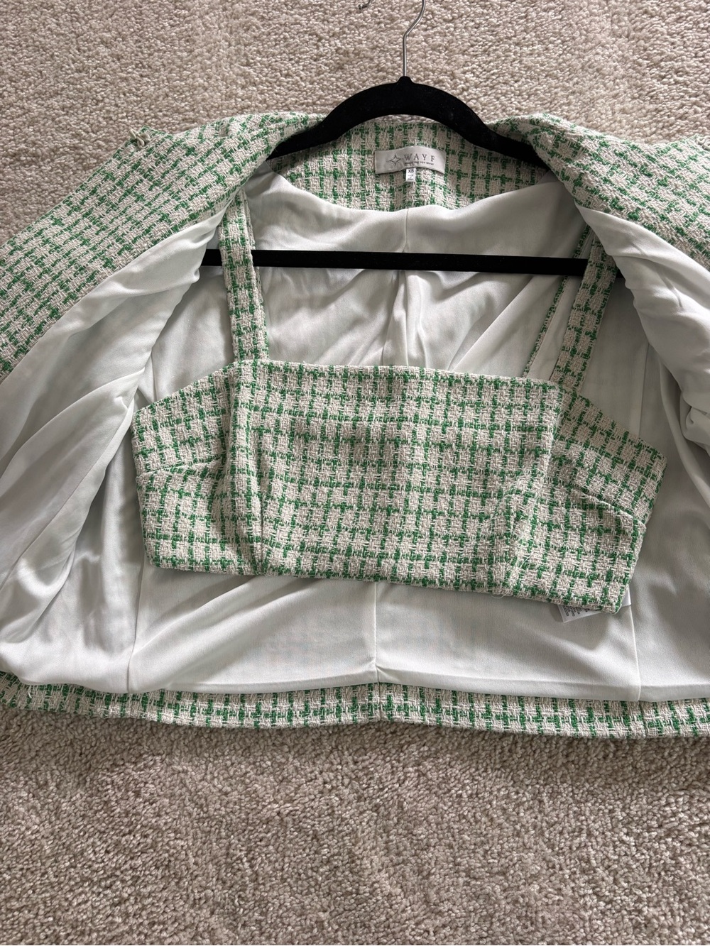 WAYF Green & White Tweed Jacket with Matching Crop Top